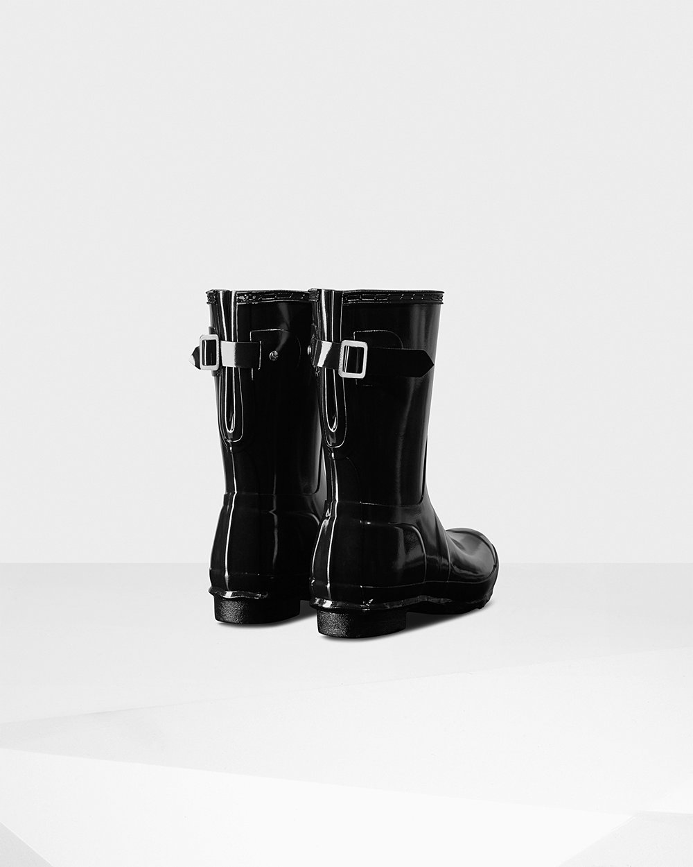 Womens Short Rain Boots - Hunter Original Back Adjustable Gloss (84HGKTBRS) - Black